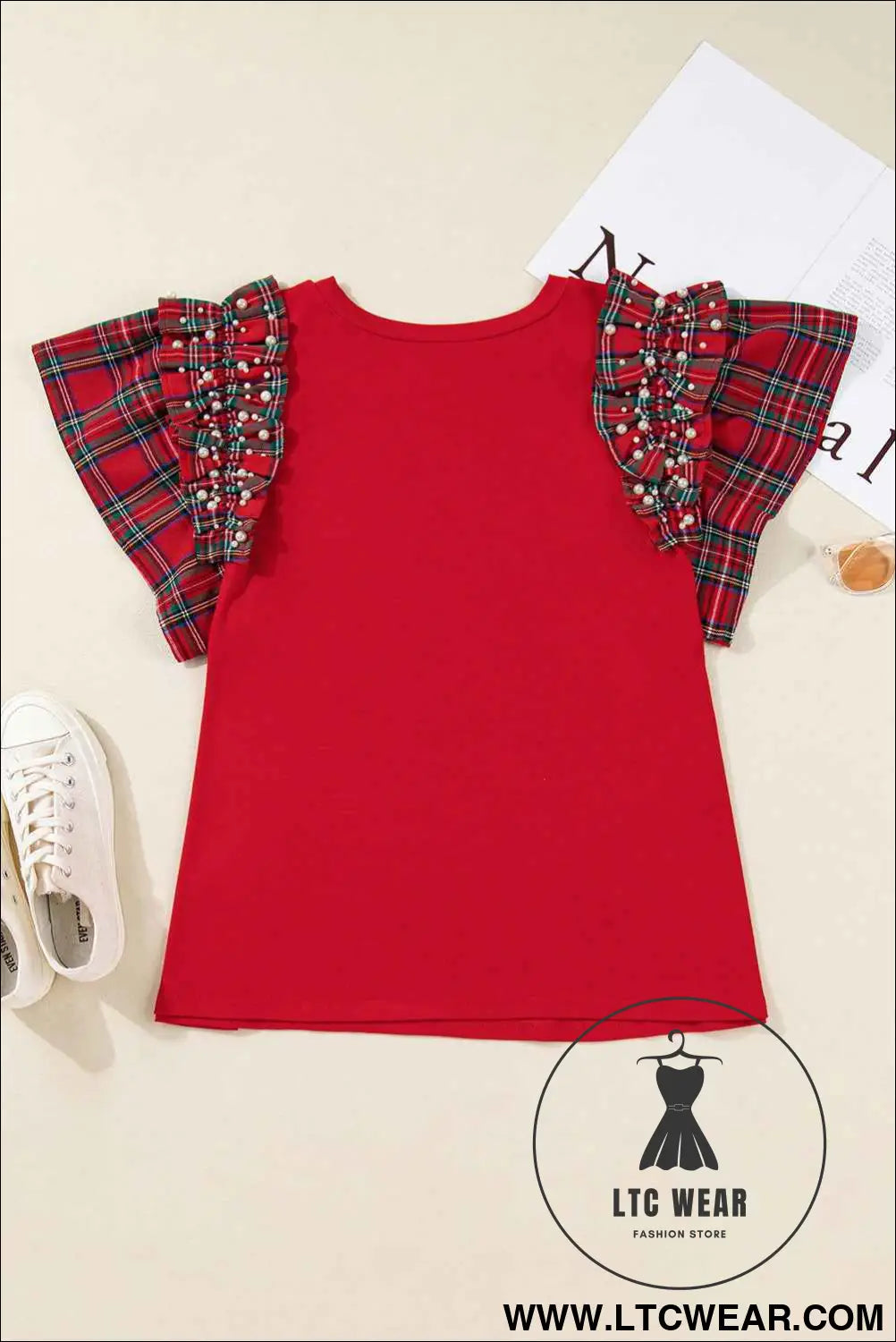 Racing Red Plaid Pearl Ruffled Sleeve Knitted Christmas Holiday Plus Size Top