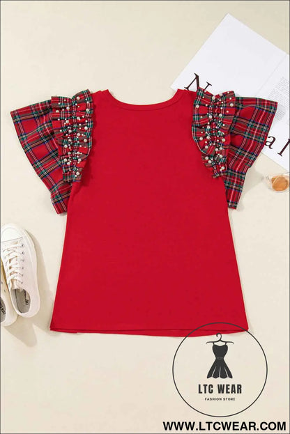 Racing Red Plaid Pearl Ruffled Sleeve Knitted Christmas Holiday Plus Size Top