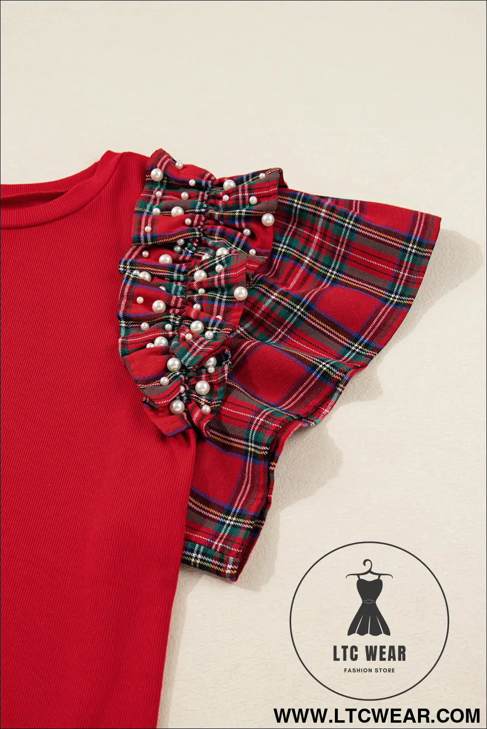 Racing Red Plaid Pearl Ruffled Sleeve Knitted Christmas Holiday Plus Size Top - L.T.C Wear Online Fashion Store
