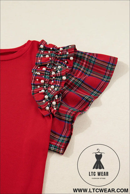 Racing Red Plaid Pearl Ruffled Sleeve Knitted Christmas Holiday Plus Size Top - L.T.C Wear Online Fashion Store