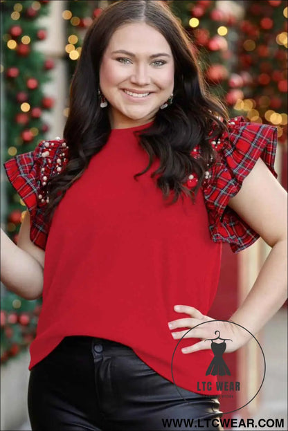 Racing Red Plaid Pearl Ruffled Sleeve Knitted Christmas Holiday Plus Size Top