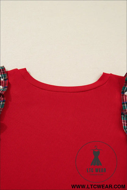 Racing Red Plaid Pearl Ruffled Sleeve Knitted Christmas Holiday Plus Size Top - L.T.C Wear Online Fashion Store