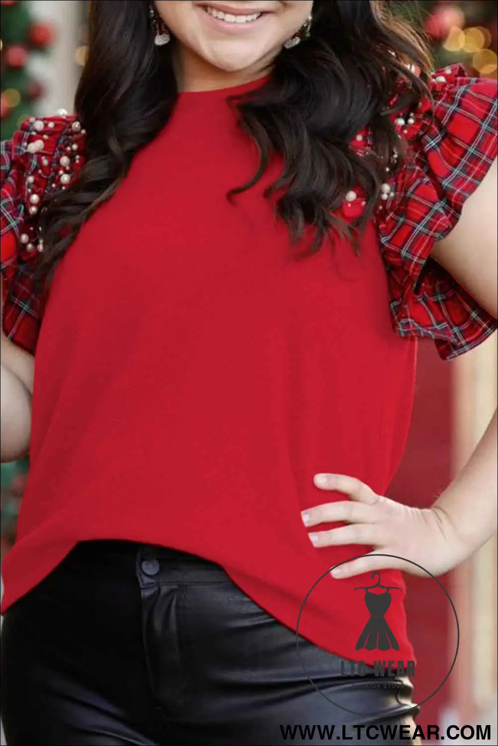 Racing Red Plaid Pearl Ruffled Sleeve Knitted Christmas Holiday Plus Size Top