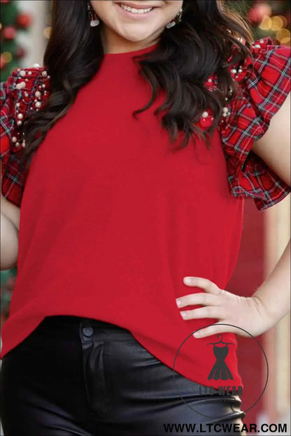 Racing Red Plaid Pearl Ruffled Sleeve Knitted Christmas Holiday Plus Size Top