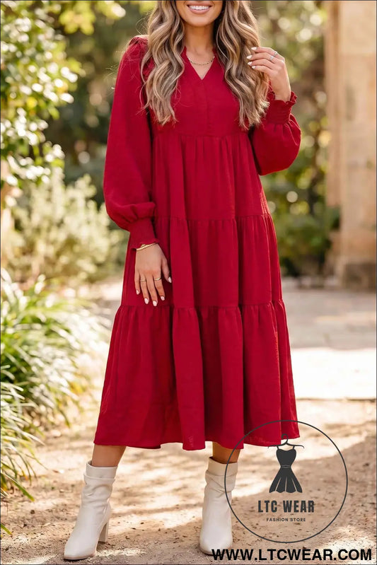 Racing Red Solid Color Ruffle Trim Long Sleeve Tiered Shift Midi Dress