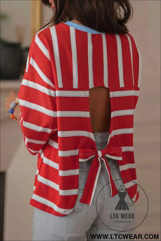 Racing Red Striped Bow Tie Hollowed Back 7/8 Sleeve Casual T-Shirt
