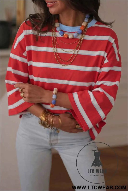 Racing Red Striped Bow Tie Hollowed Back 7/8 Sleeve Casual T-Shirt