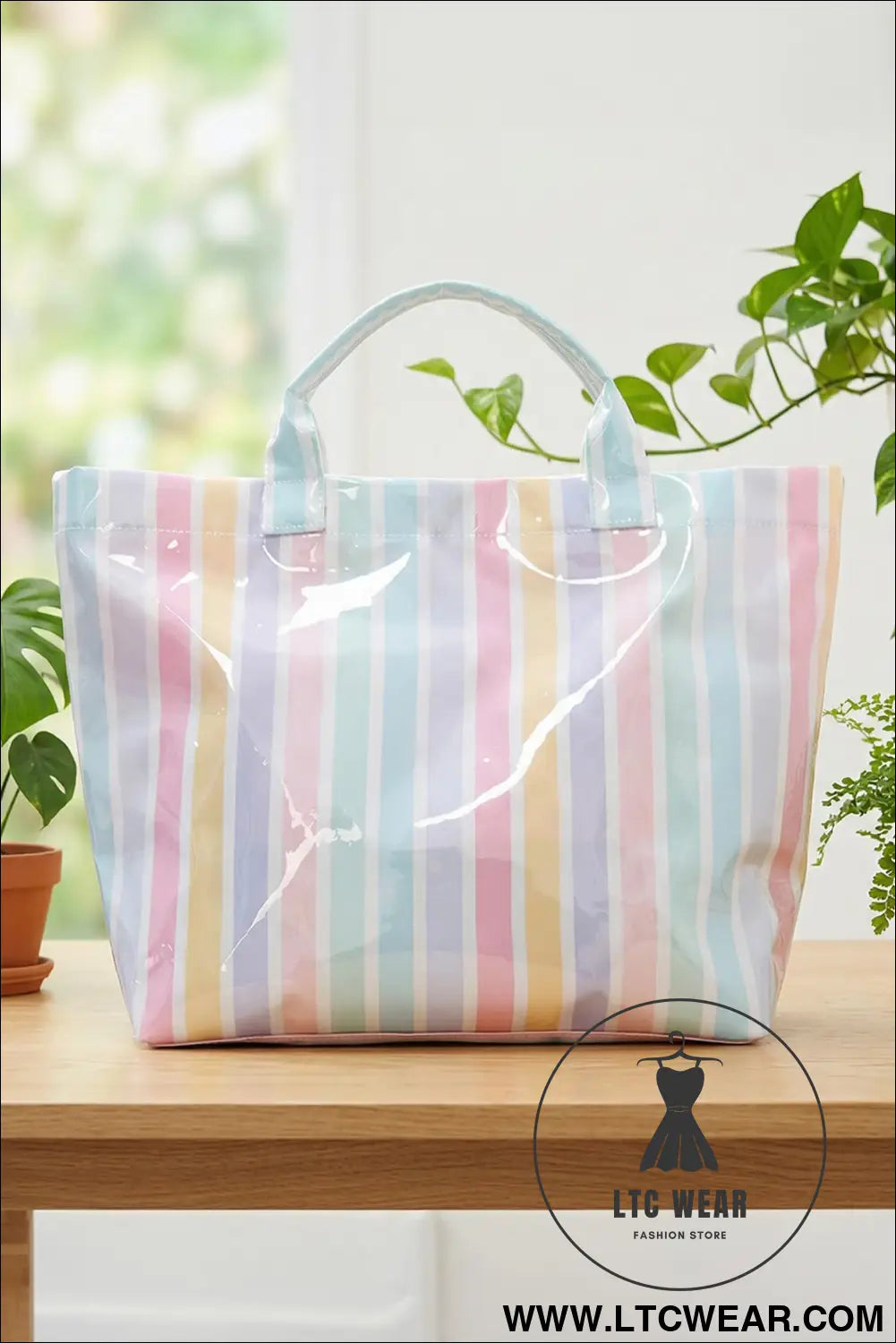 Rainbow glossy striped vinyl large tote bag - red / one size / 95% pu + 5% alloy - handbags