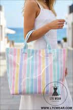 Rainbow glossy striped vinyl large tote bag - red / one size / 95% pu + 5% alloy - handbags