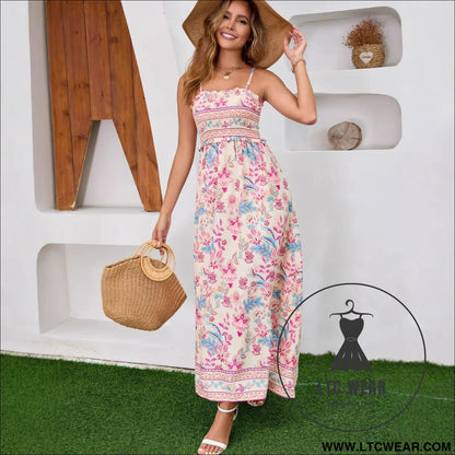 Real shot ethnic print bohemian tie-up backless dress beach summer strap long dress