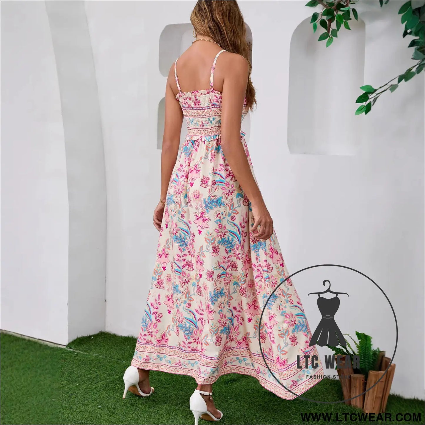 Real shot ethnic print bohemian tie-up backless dress beach summer strap long dress