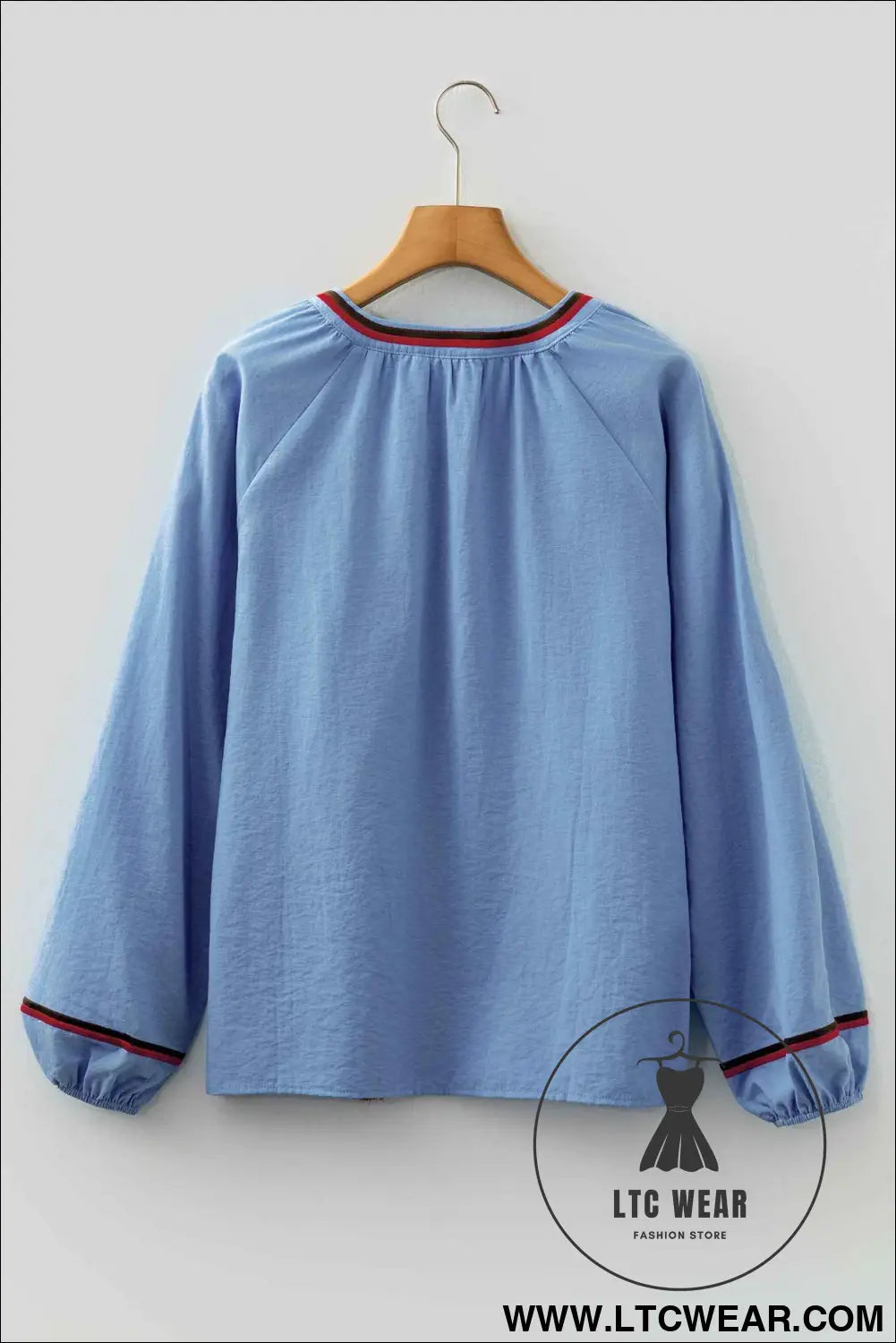 Real Teal Floral Embroidered Split Neck Tassel Tie Puff Sleeve Blouse