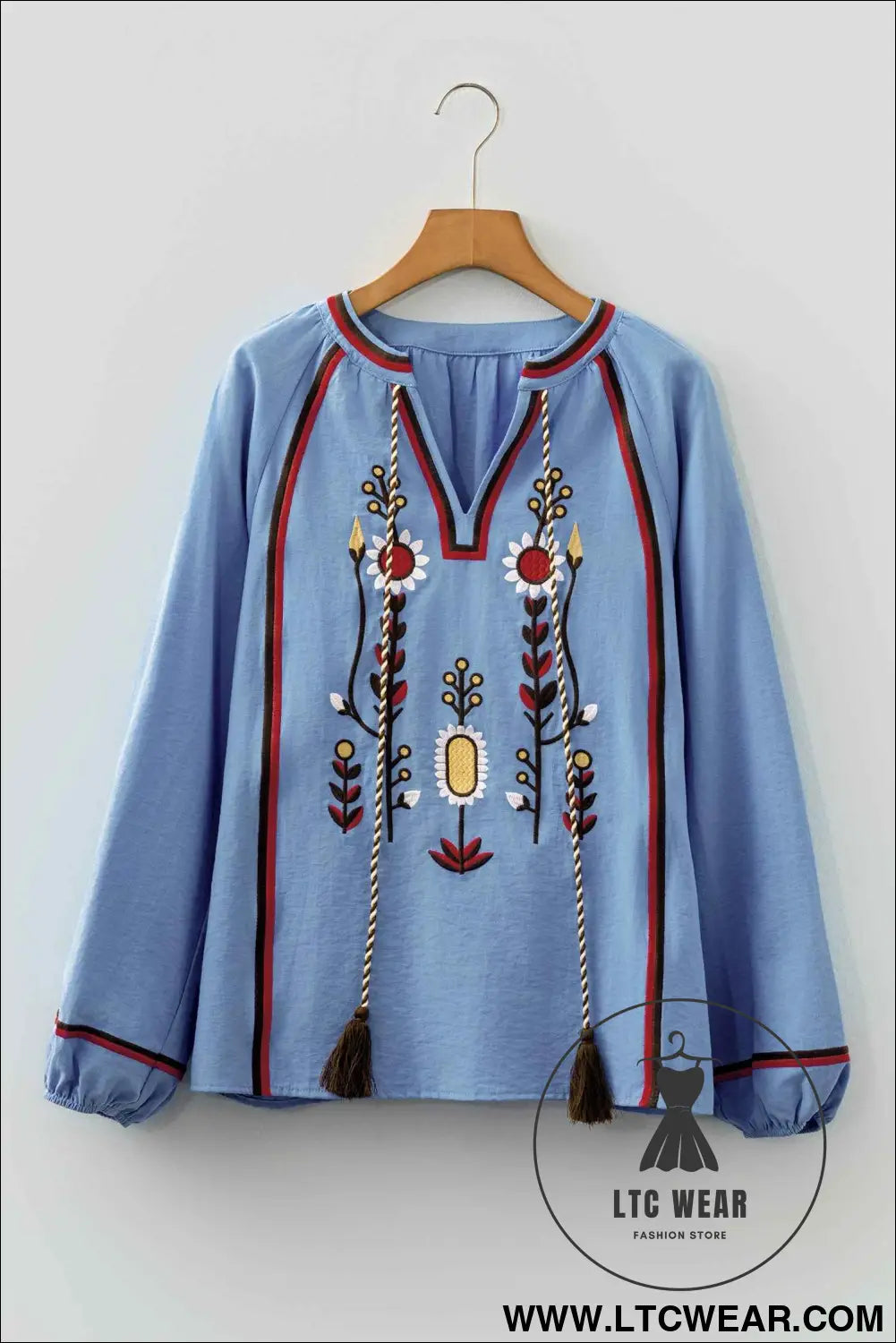 Real Teal Floral Embroidered Split Neck Tassel Tie Puff Sleeve Blouse