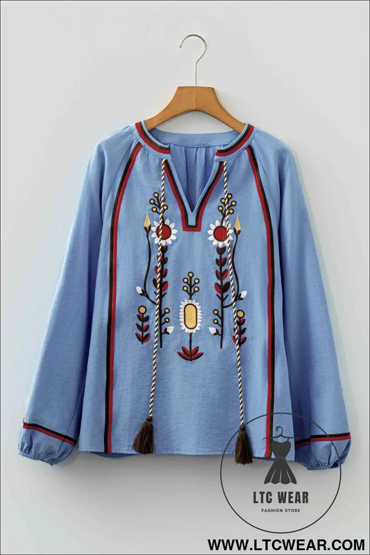 Real Teal Floral Embroidered Split Neck Tassel Tie Puff Sleeve Blouse