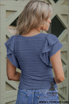 Real teal wavy textured ruffle sleeve top - tops & tees