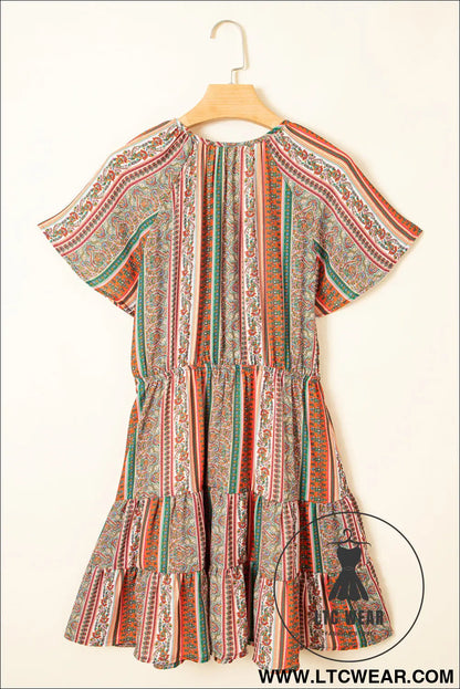 Red Bohemian Floral Print Buttoned V Neck Ruffle Tiered Dress - L.T.C Wear Online Fashion Store