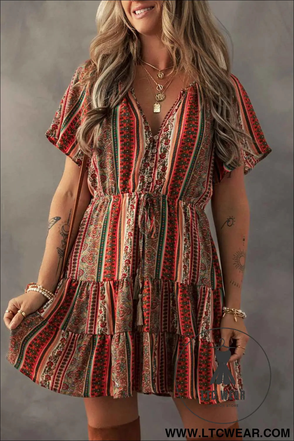 Red Bohemian Floral Print Buttoned V Neck Ruffle Tiered Dress