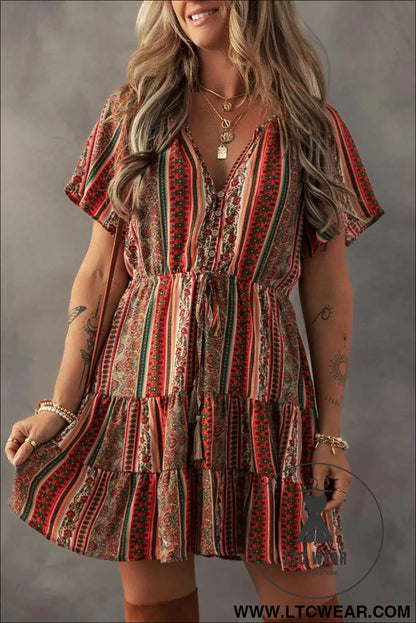 Red Bohemian Floral Print Buttoned V Neck Ruffle Tiered Dress