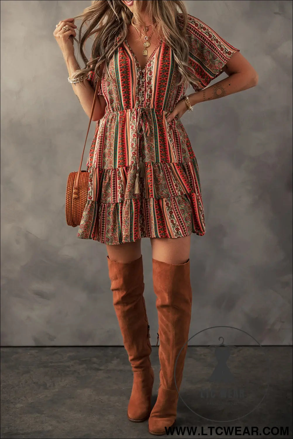 Red Bohemian Floral Print Buttoned V Neck Ruffle Tiered Dress - L.T.C Wear Online Fashion Store