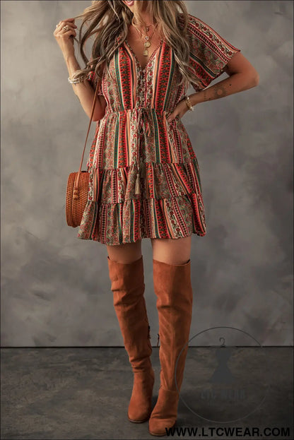 Red Bohemian Floral Print Buttoned V Neck Ruffle Tiered Dress - L.T.C Wear Online Fashion Store