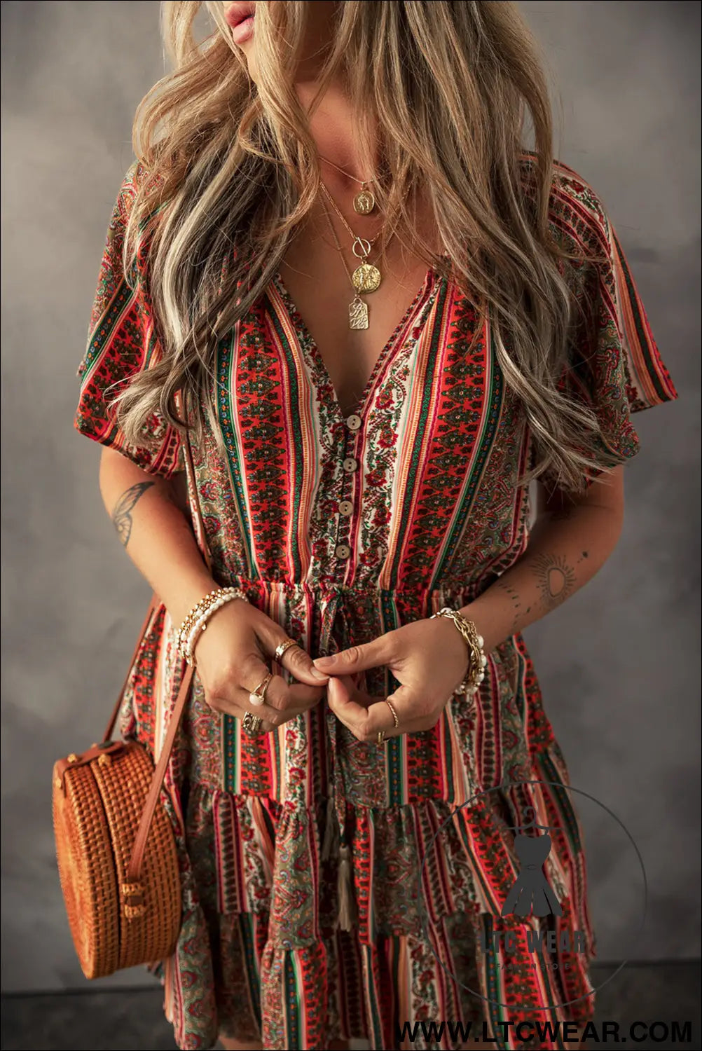 Red Bohemian Floral Print Buttoned V Neck Ruffle Tiered Dress - L.T.C Wear Online Fashion Store