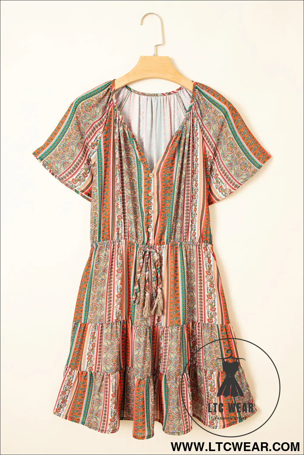 Red Bohemian Floral Print Buttoned V Neck Ruffle Tiered Dress - L.T.C Wear Online Fashion Store