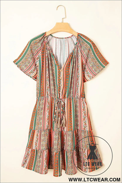 Red Bohemian Floral Print Buttoned V Neck Ruffle Tiered Dress - L.T.C Wear Online Fashion Store