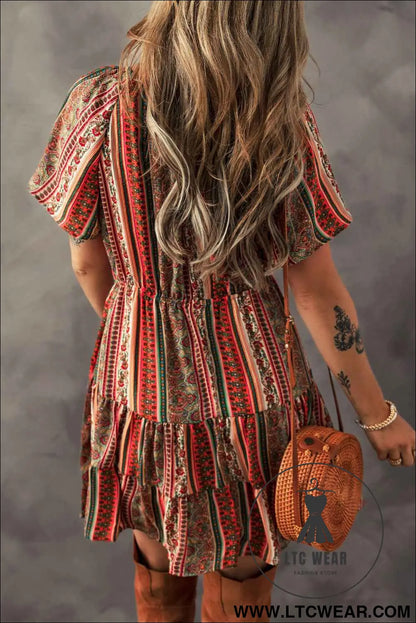 Red Bohemian Floral Print Buttoned V Neck Ruffle Tiered Dress