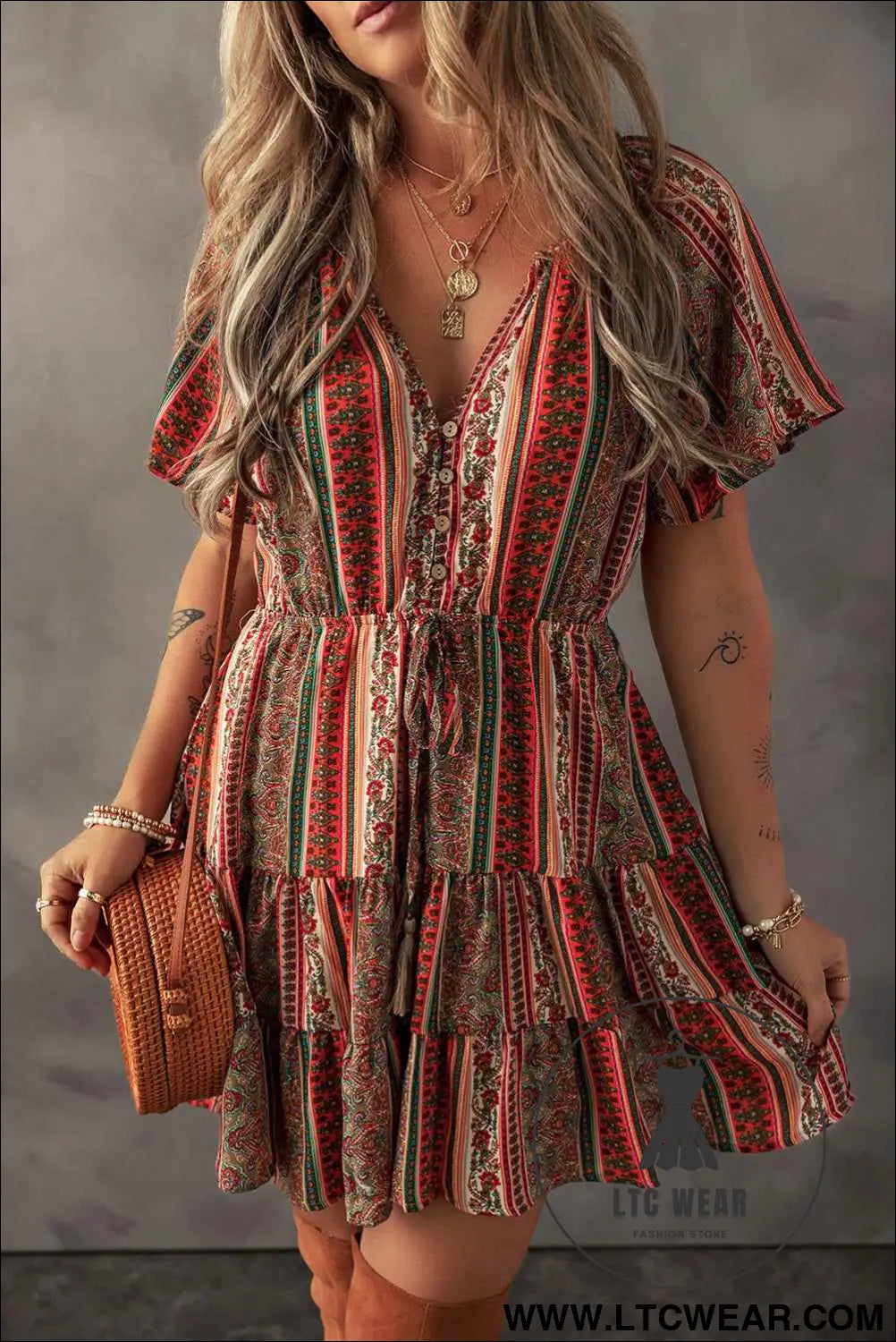 Red Bohemian Floral Print Buttoned V Neck Ruffle Tiered Dress