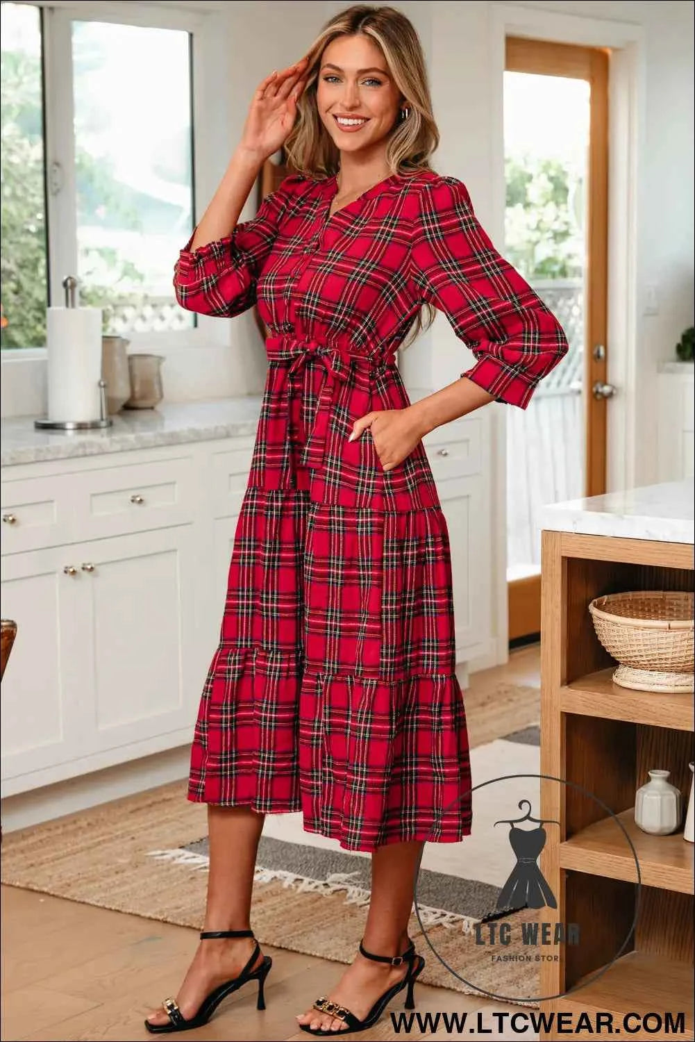 Red Christmas Plaid V Neck 3/4 Sleeve Tie Waist Ruffle Hem Long Dress