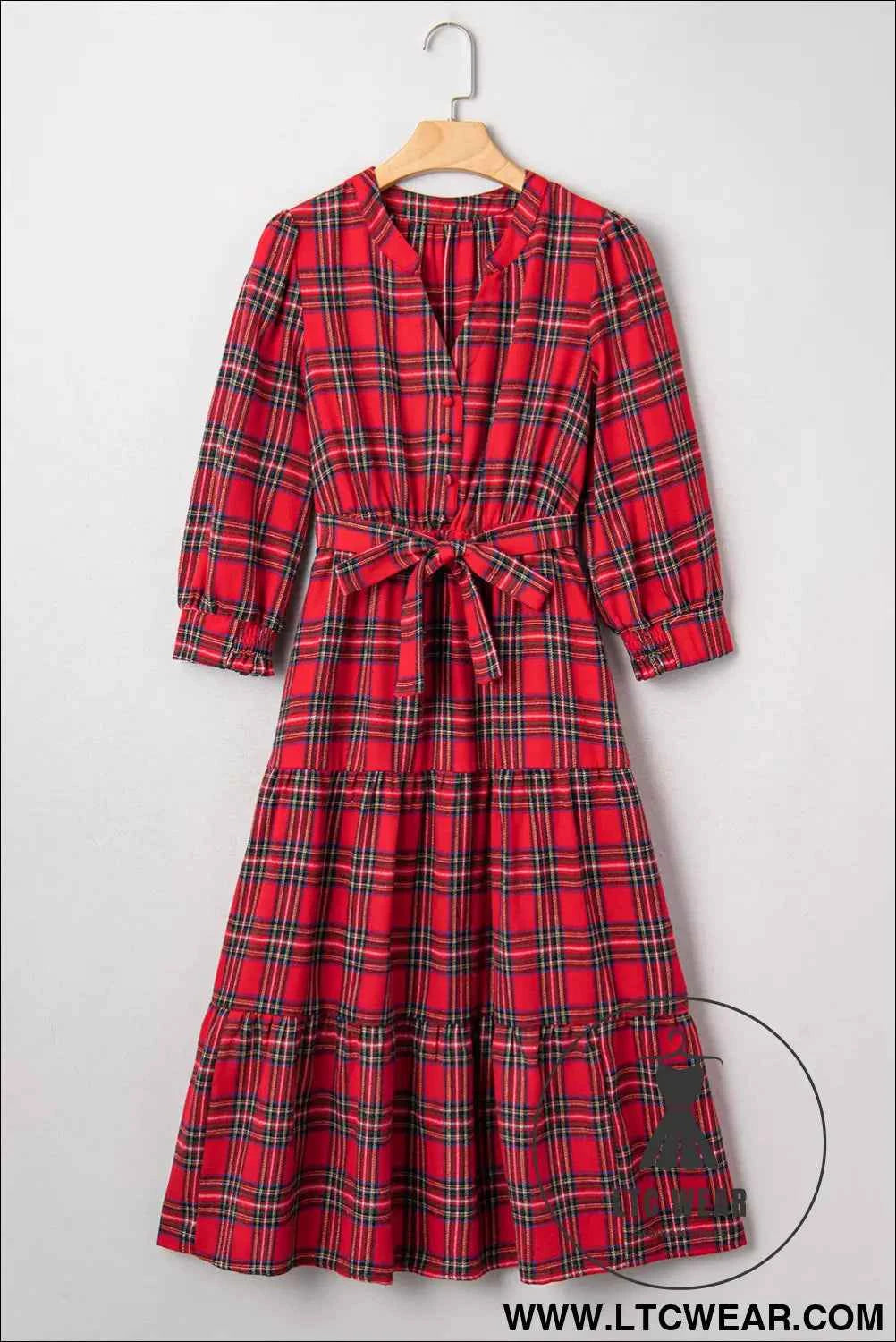 Red Christmas Plaid V Neck 3/4 Sleeve Tie Waist Ruffle Hem Long Dress