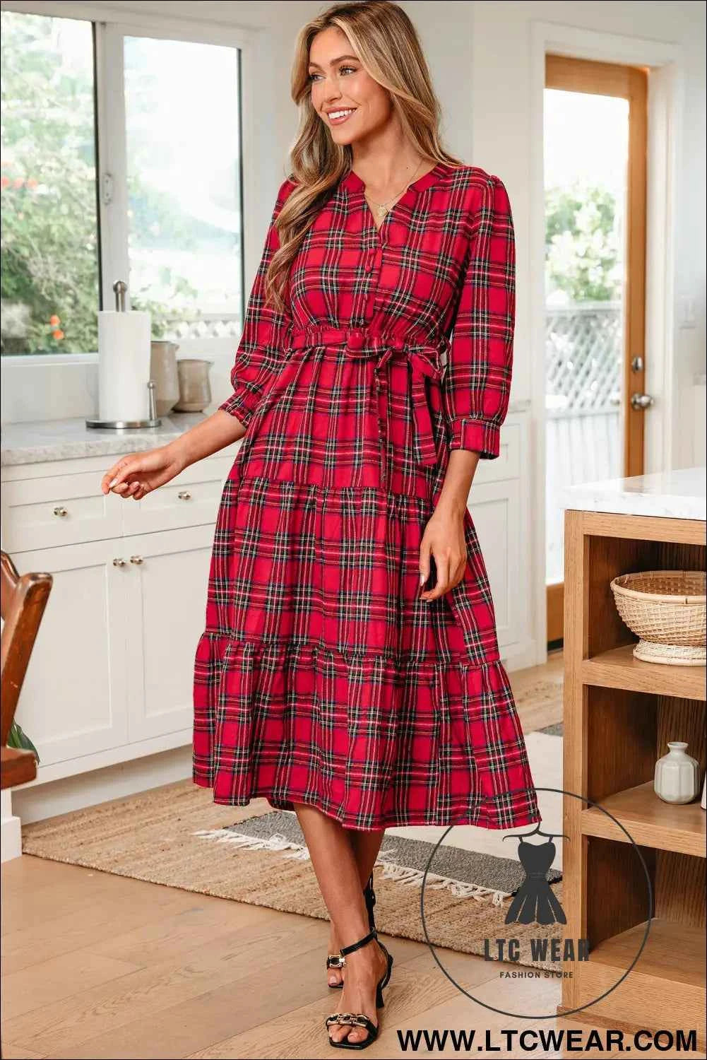 Red Christmas Plaid V Neck 3/4 Sleeve Tie Waist Ruffle Hem Long Dress