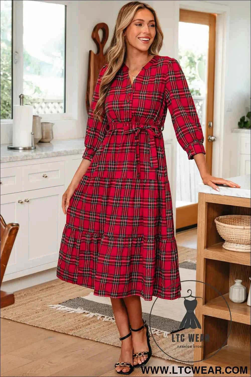Red Christmas Plaid V Neck 3/4 Sleeve Tie Waist Ruffle Hem Long Dress