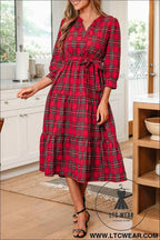 Red Christmas Plaid V Neck 3/4 Sleeve Tie Waist Ruffle Hem Long Dress