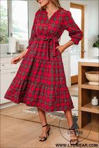 Red Christmas Plaid V Neck 3/4 Sleeve Tie Waist Ruffle Hem Long Dress