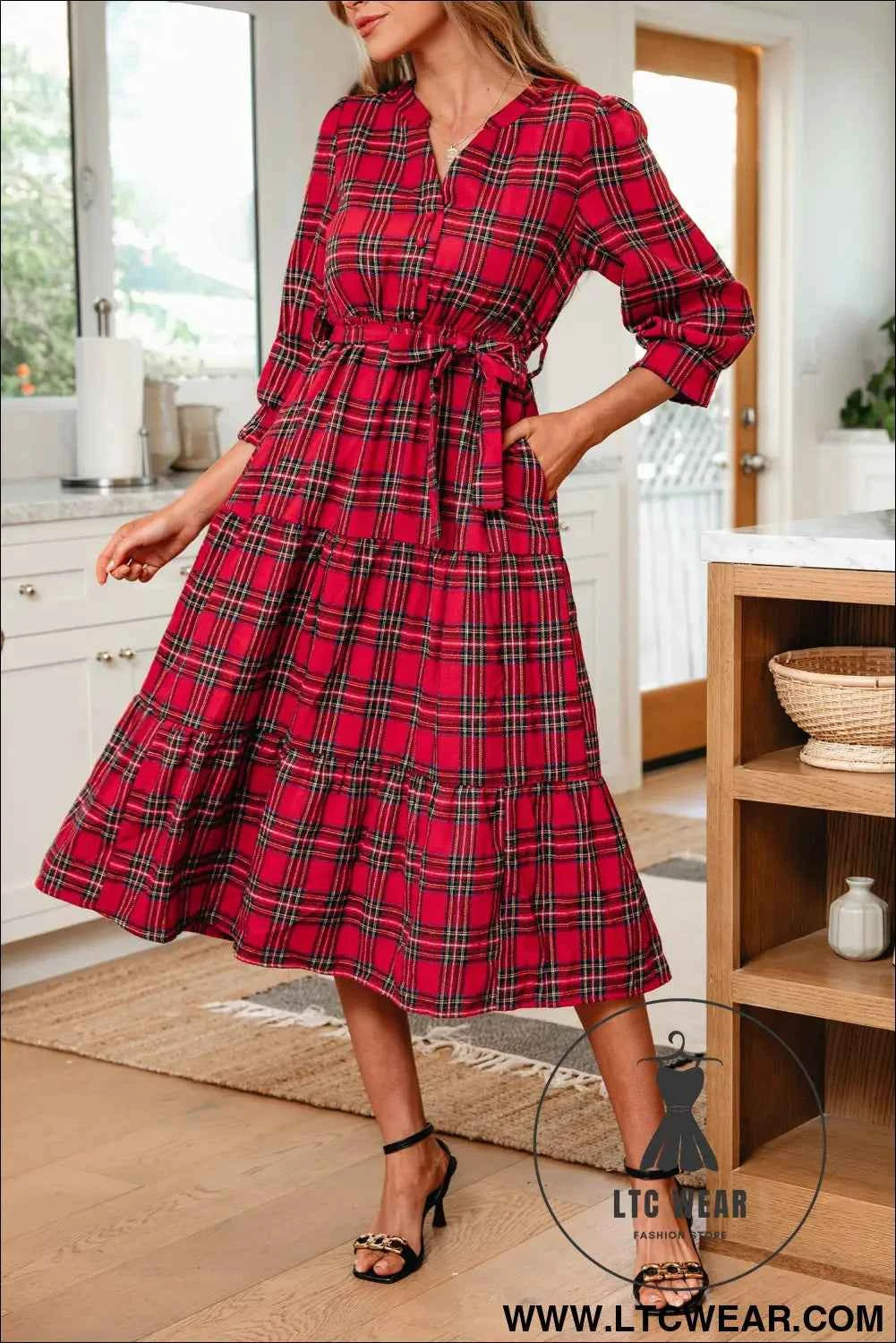 Red Christmas Plaid V Neck 3/4 Sleeve Tie Waist Ruffle Hem Long Dress