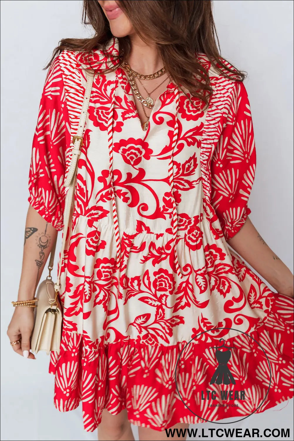 Red collared v neck half sleeve loose flower mini dress - 30%