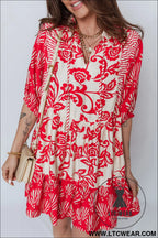 Red collared v neck half sleeve loose flower mini dress - 30%
