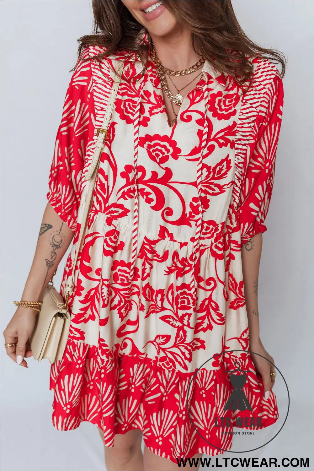 Red collared v neck half sleeve loose flower mini dress - 30%