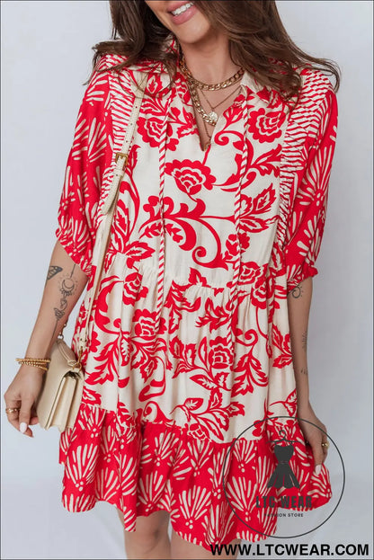 Red collared v neck half sleeve loose flower mini dress - 30%