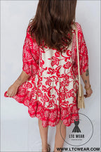 Red collared v neck half sleeve loose flower mini dress - 30%