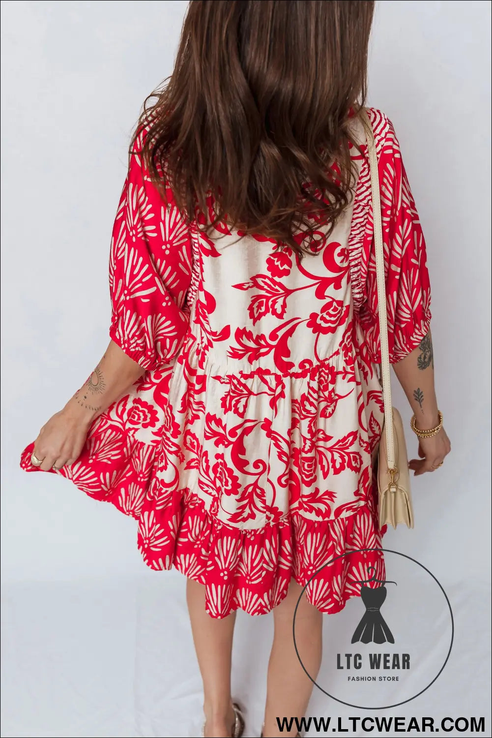 Red collared v neck half sleeve loose flower mini dress - 30%