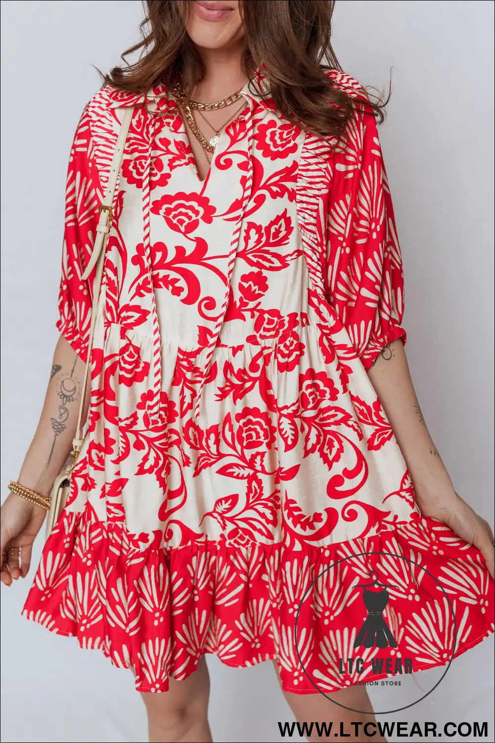 Red collared v neck half sleeve loose flower mini dress - 30%