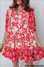 Red collared v neck half sleeve loose flower mini dress - 30%
