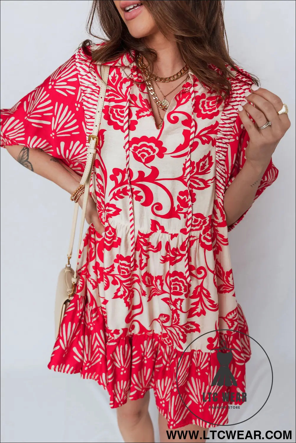 Red collared v neck half sleeve loose flower mini dress - 30%