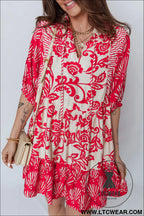 Red collared v neck half sleeve loose flower mini dress - 30%