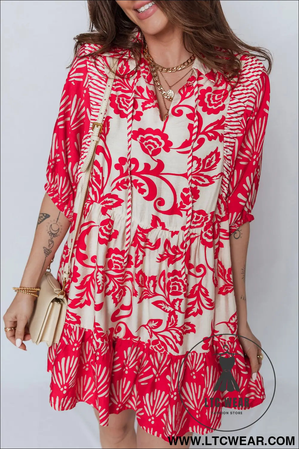 Red collared v neck half sleeve loose flower mini dress - 30%