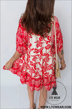 Red collared v neck half sleeve loose flower mini dress - 30%