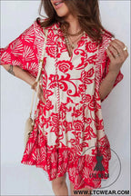 Red Collared V Neck Half Sleeve Loose Flower Mini Dress