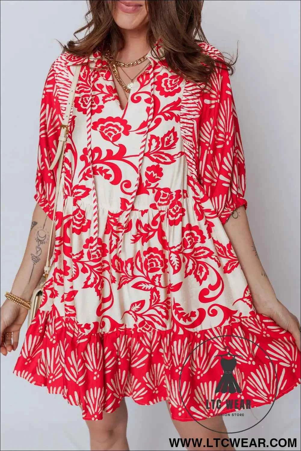 Red Collared V Neck Half Sleeve Loose Flower Mini Dress
